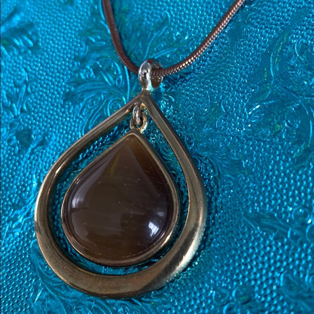 Necklace brown chain double teardrop cream stone - Picture 5 of 12